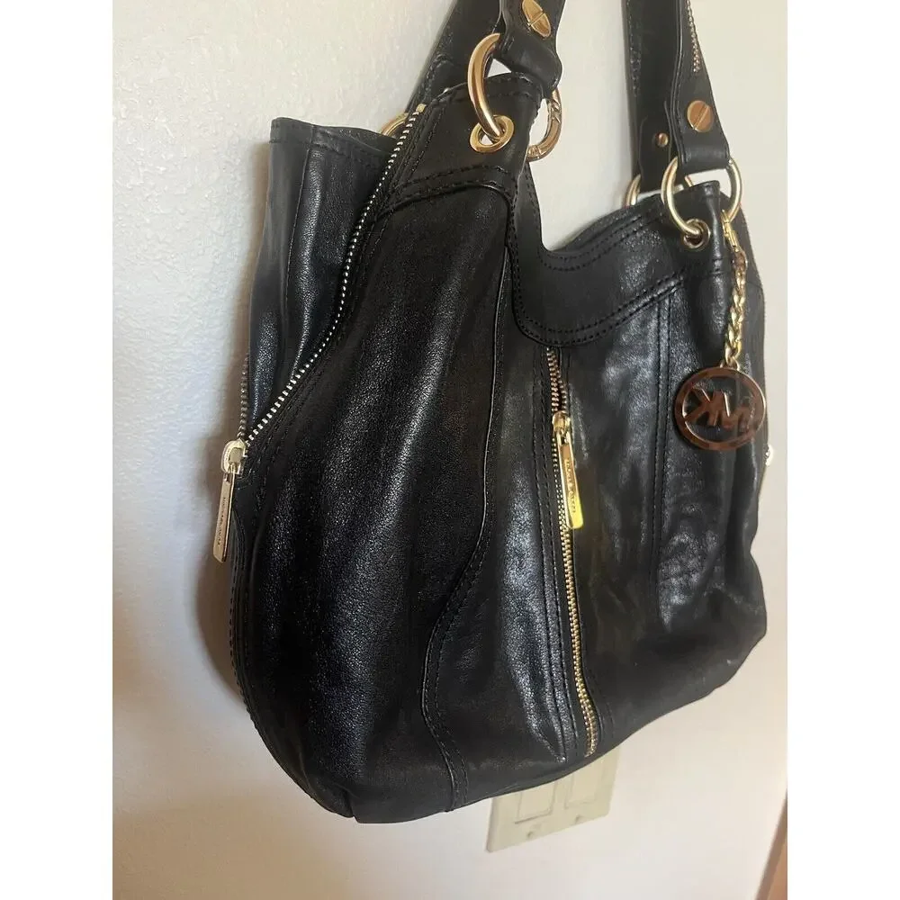 Michael Kors Moxley Black Leather Gold Zippers Details Shoulder Bag